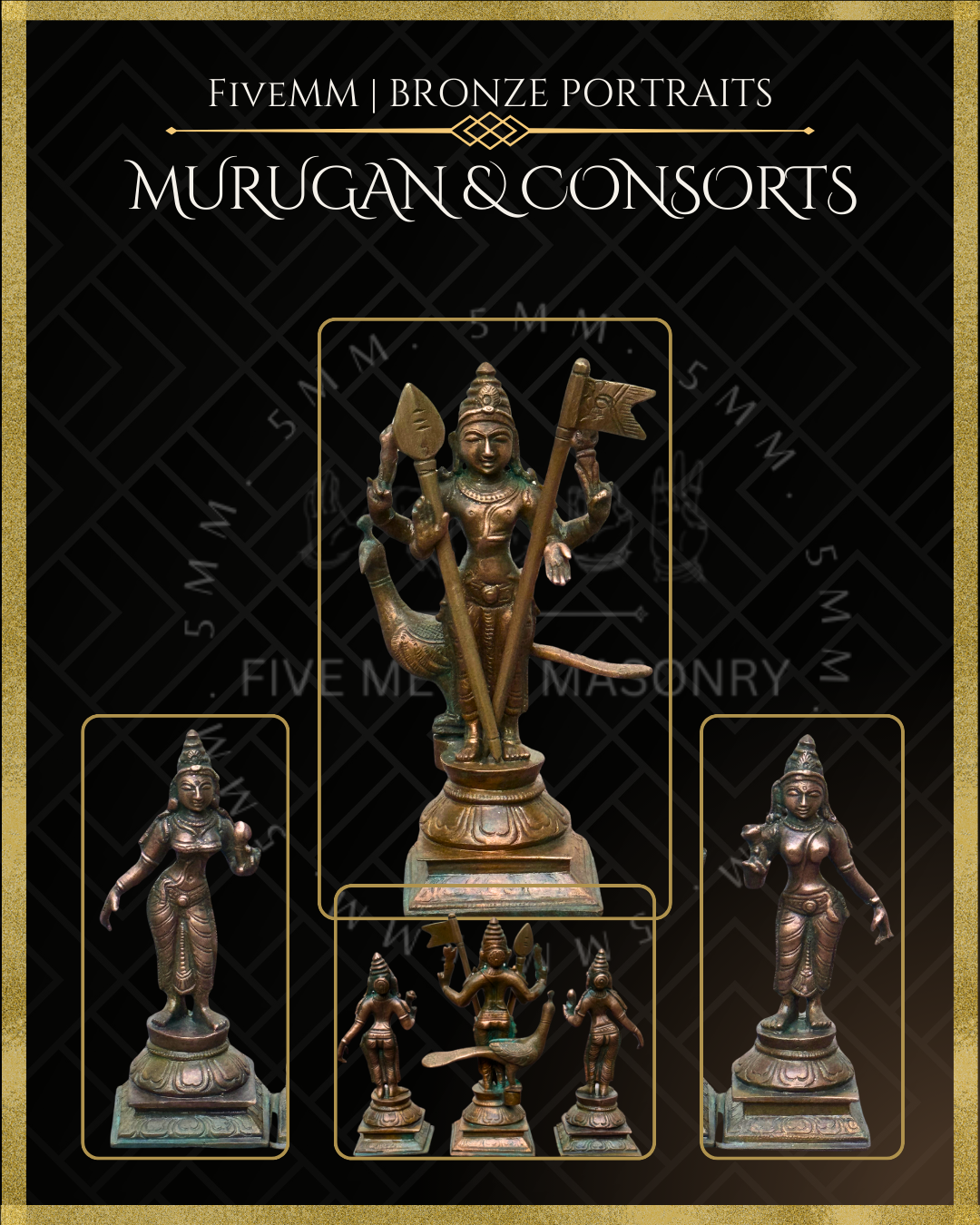 Murugan with Valli and Devasena Panchaloha Bronze Icon Set - 5"
