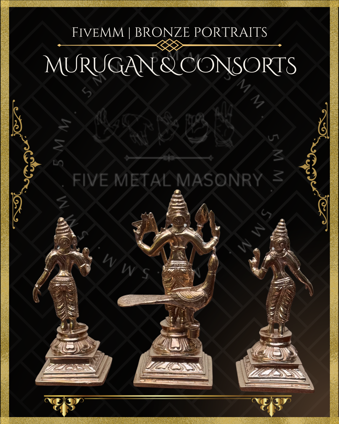 Murugan with Valli and Devasena Panchaloha Bronze Icon Set - 5"- Polished finish