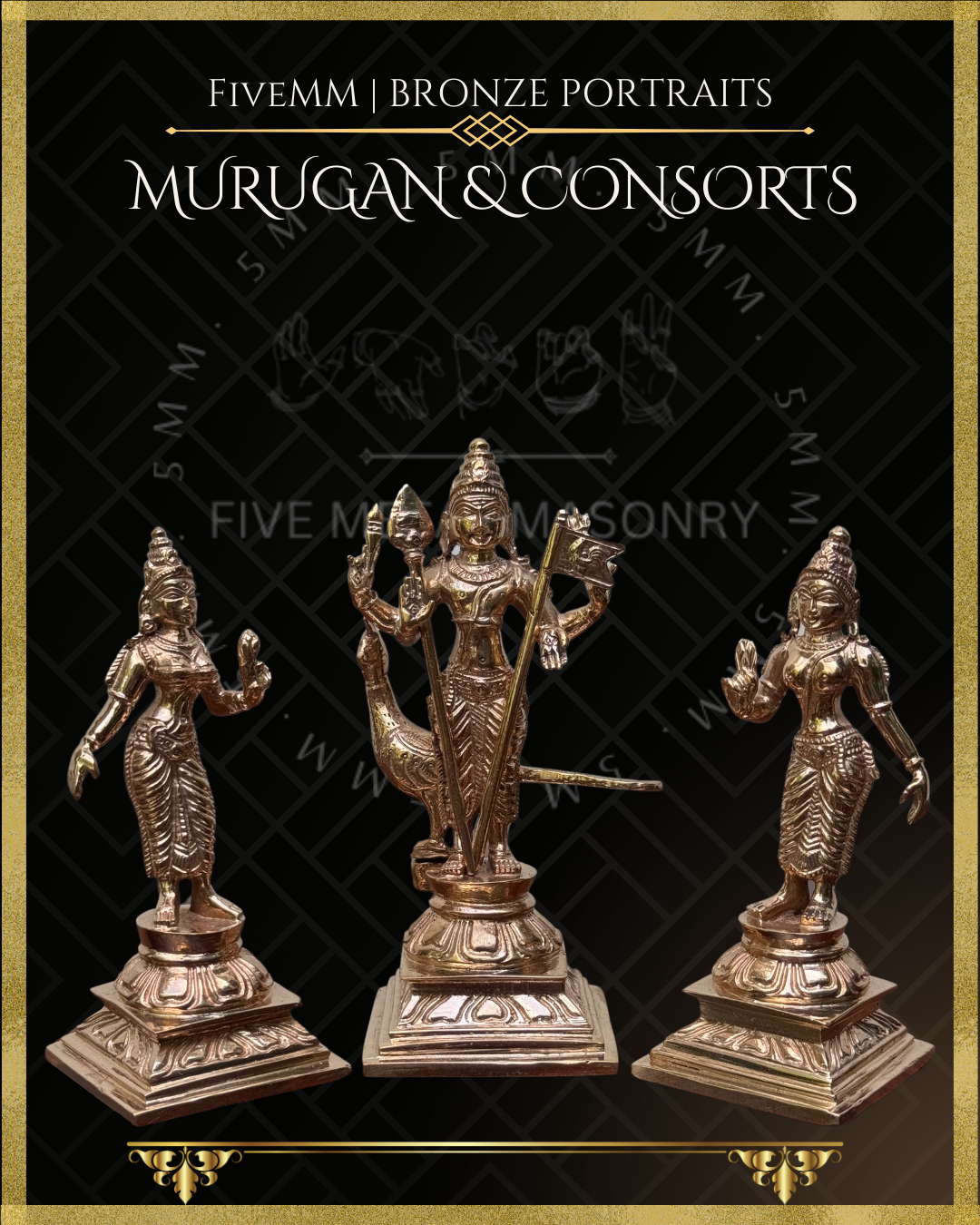Murugan with Valli and Devasena Panchaloha Bronze Icon Set - 5"- Polished finish