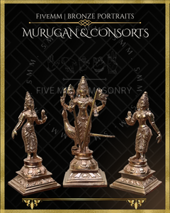 Murugan with Valli and Devasena Panchaloha Bronze Icon Set - 5"- Polished finish
