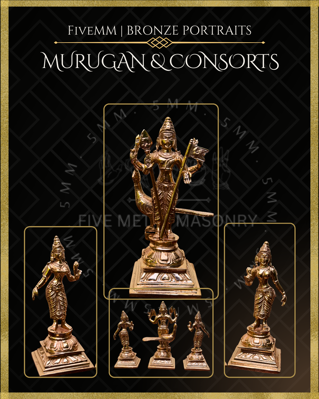 Murugan with Valli and Devasena Panchaloha Bronze Icon Set - 5"- Polished finish
