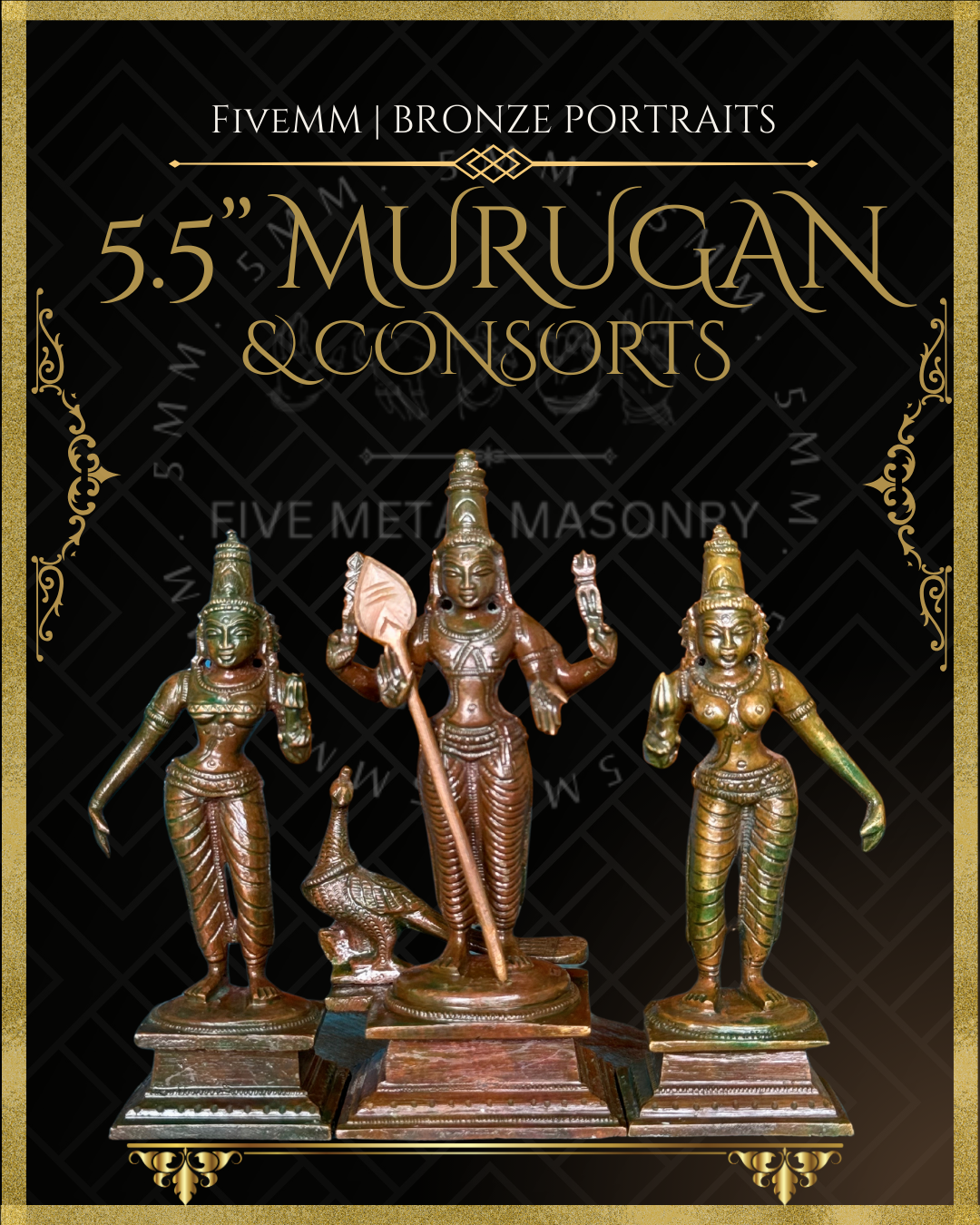 Murugan with Valli and Devasena Panchaloha Bronze Icon Set - 5.5"
