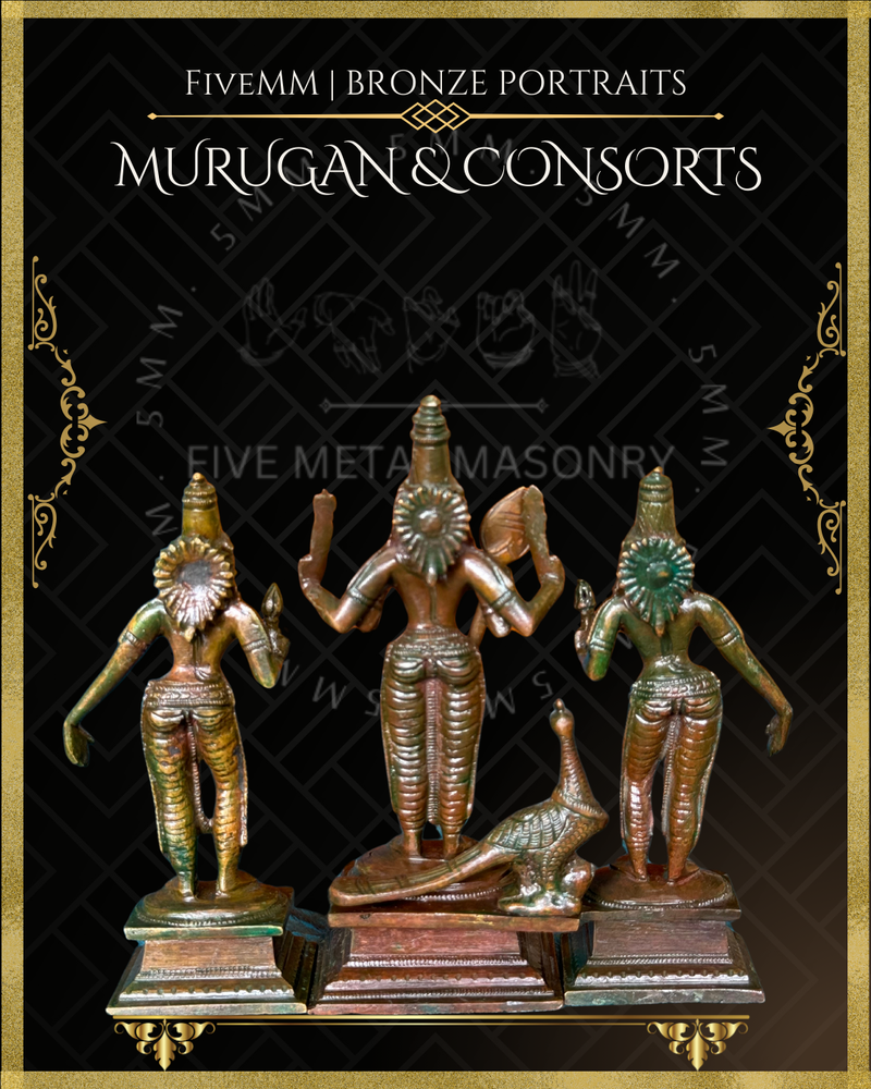 Murugan with Valli and Devasena Panchaloha Bronze Icon Set - 5.5"