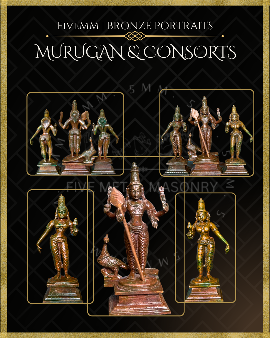 Murugan with Valli and Devasena Panchaloha Bronze Icon Set - 5.5"