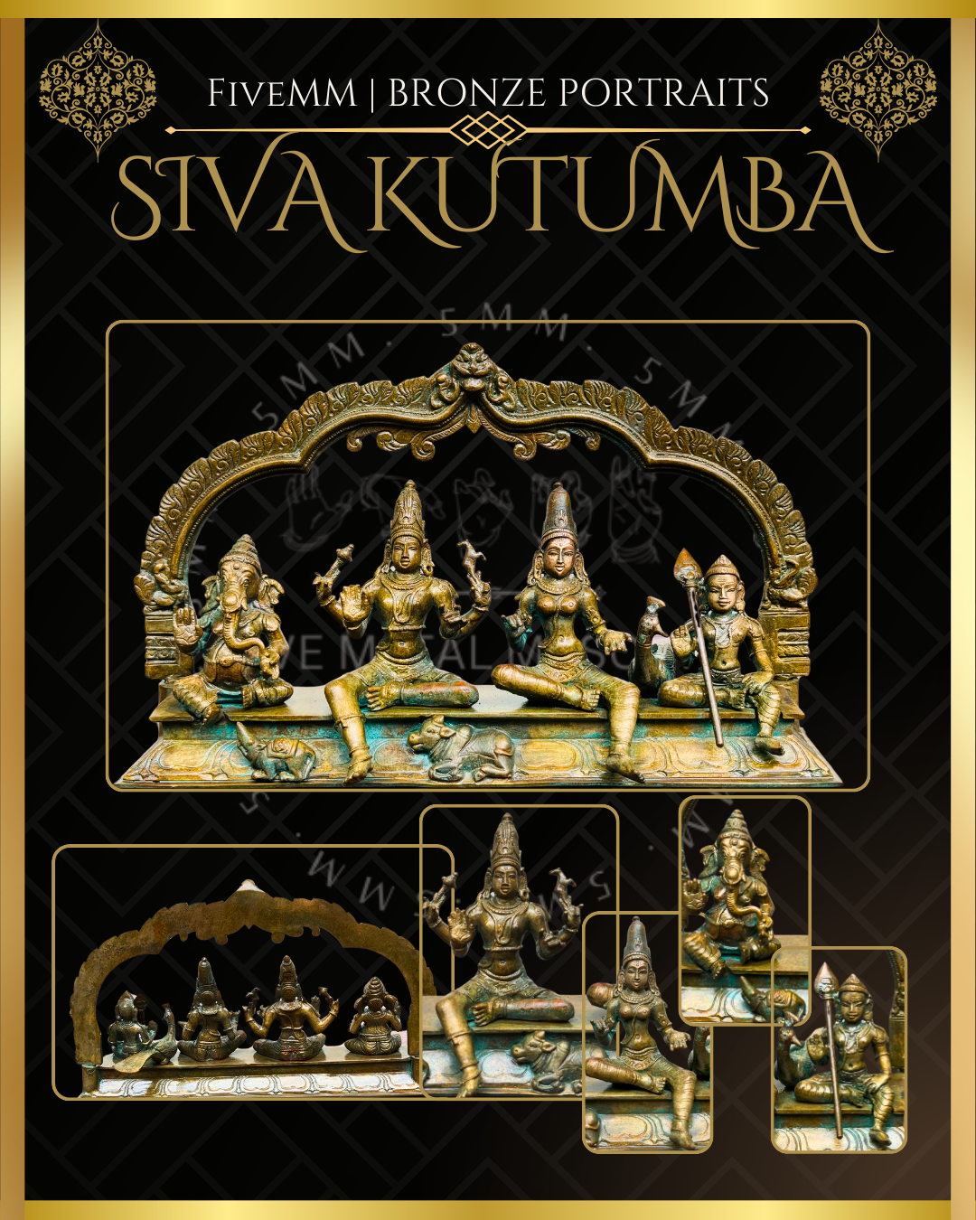 Shiva Family Shiva Panchaloha Bronze Icon Set - 6" with arch