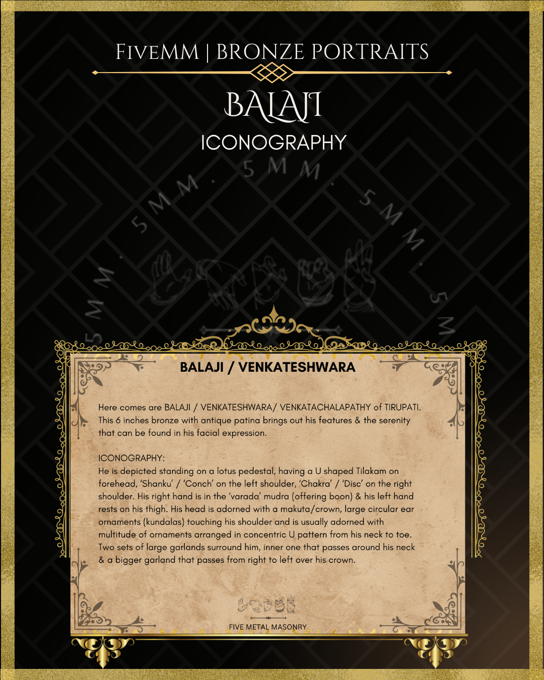 Balaji (Vishnu) Panchaloha Bronze Icon - 6.5" with arch