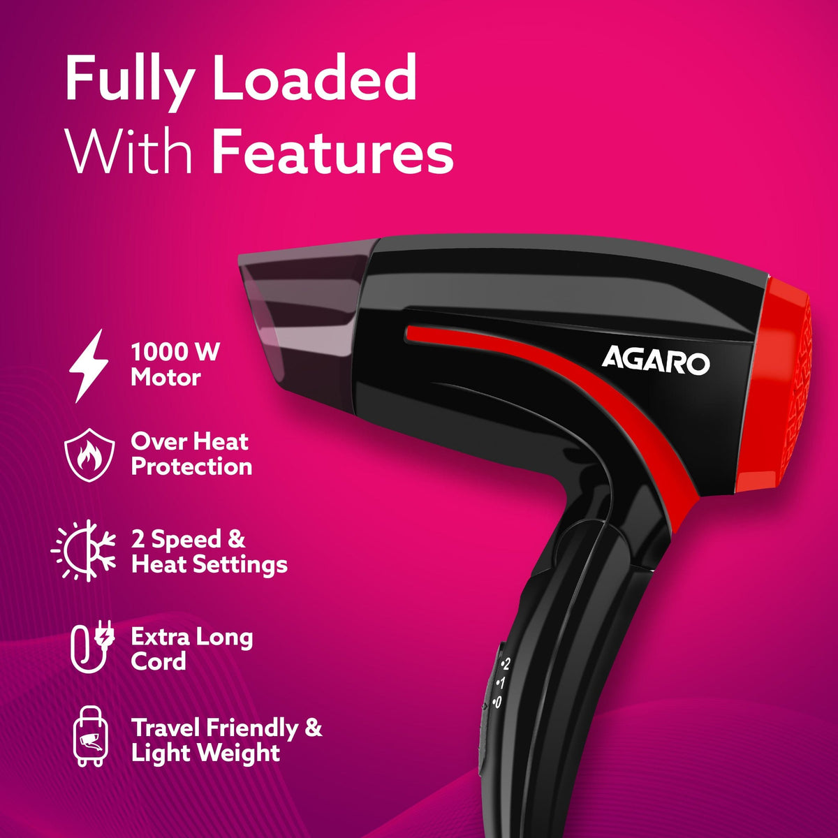 AGARO HD1177 Hair Dryer with 1000 Watts Copper Motor, 2 Speed & Temperature Settings, Foldable Handle, For both Men & Women, Black & Red-5