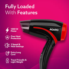 AGARO HD1177 Hair Dryer with 1000 Watts Copper Motor, 2 Speed & Temperature Settings, Foldable Handle, For both Men & Women, Black & Red-5