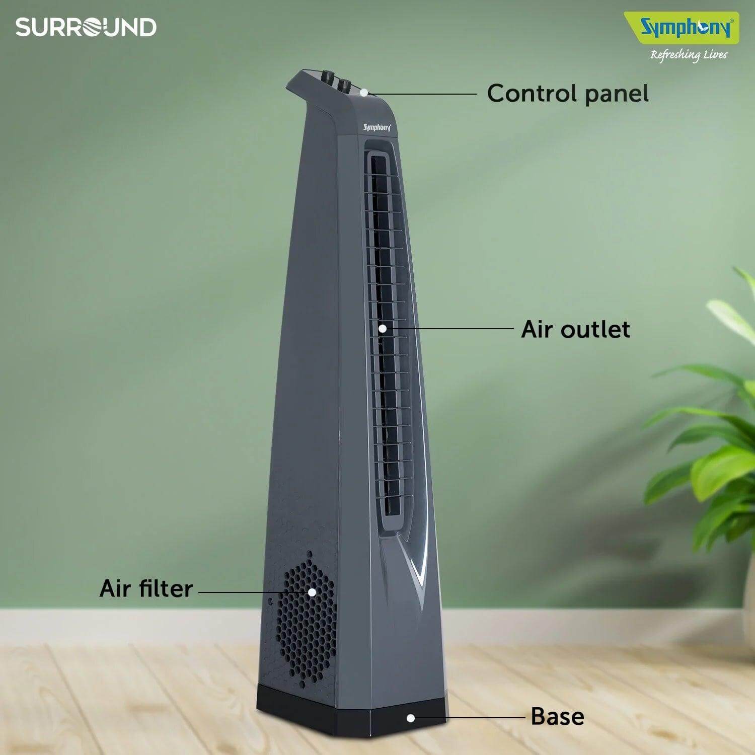 Surround Grey | Tower Fan | Knob Control | Bladeless Turbo ThrowTM (BLTT) Technology