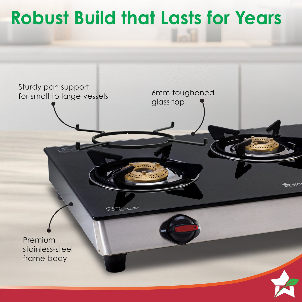 Wonderchef Galaxy 3 Burner Auto Gas Stove | 6mm Toughened Glass | Piezo Auto Ignition | 2 Years Warranty