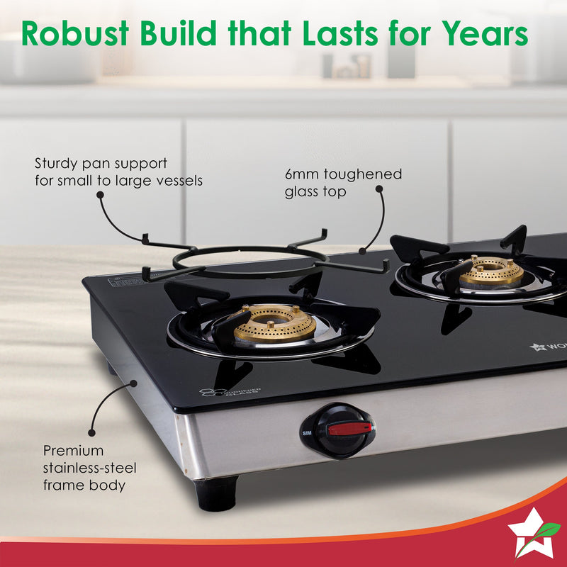 Wonderchef Galaxy 3 Burner Auto Gas Stove | 6mm Toughened Glass | Piezo Auto Ignition | 2 Years Warranty