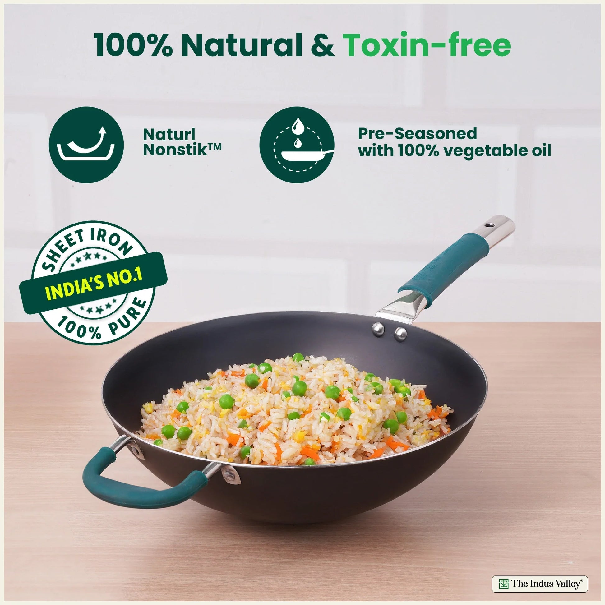 100% Pure Sheet Iron Wok Steel handle with silicone grip & Helper Handle, Toxin-free Sheet Iron, Pre-seasoned, 4L /30 Cm