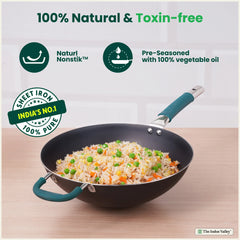 100% Pure Sheet Iron Wok Steel handle with silicone grip & Helper Handle, Toxin-free Sheet Iron, Pre-seasoned, 4L /30 Cm