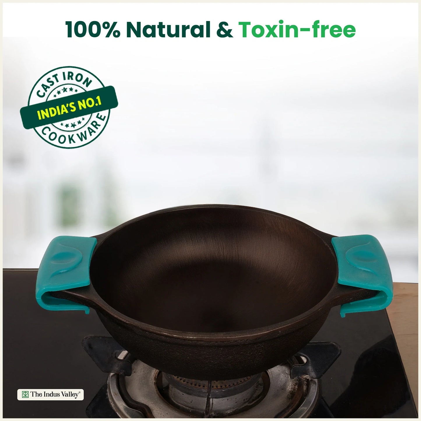 CASTrong Cast Iron Kadai with Silicon Handle, Pre-seasoned, Naturally Nonstick, 100% Pure, Toxin-free Kadai 8 In/20.8 cm/1.7 kg