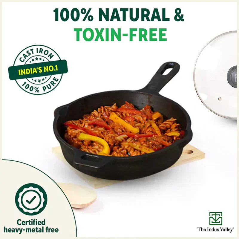 Super Smooth Cast Iron Fry Pan, Glass Lid, 100% Pure, Toxin-free, Pre-seasoned, Induction, Non-stick, 20.3/25.4cm, 1.3/1.7L, 2.3/2.4kg