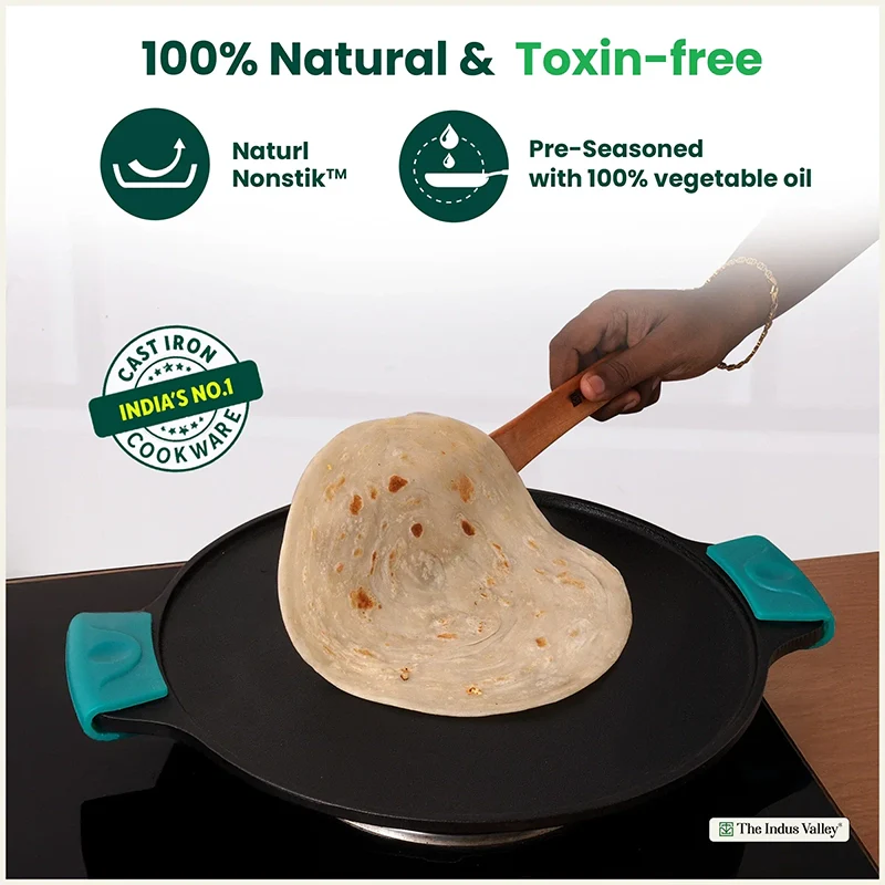CASTrong Cast Iron Double Handle Tawa with Silicon Handle, Pre-seasoned, Naturally Nonstick, 100% Pure, Toxin-free, Dosa Tawa for Kitchen Use, 11.8 In/30.2 cm/2.4 kg