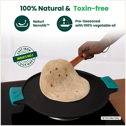 CASTrong Cast Iron Double Handle Tawa with Silicon Handle, Pre-seasoned, Naturally Nonstick, 100% Pure, Toxin-free, Dosa Tawa for Kitchen Use, 11.8 In/30.2 cm/2.4 kg