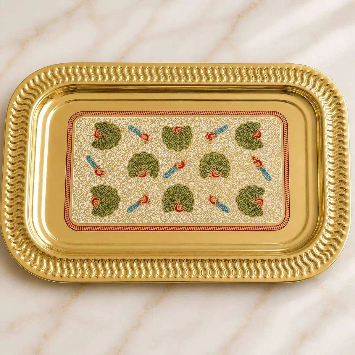 Brass Hand Painted Peacock Serving Tray / Platter