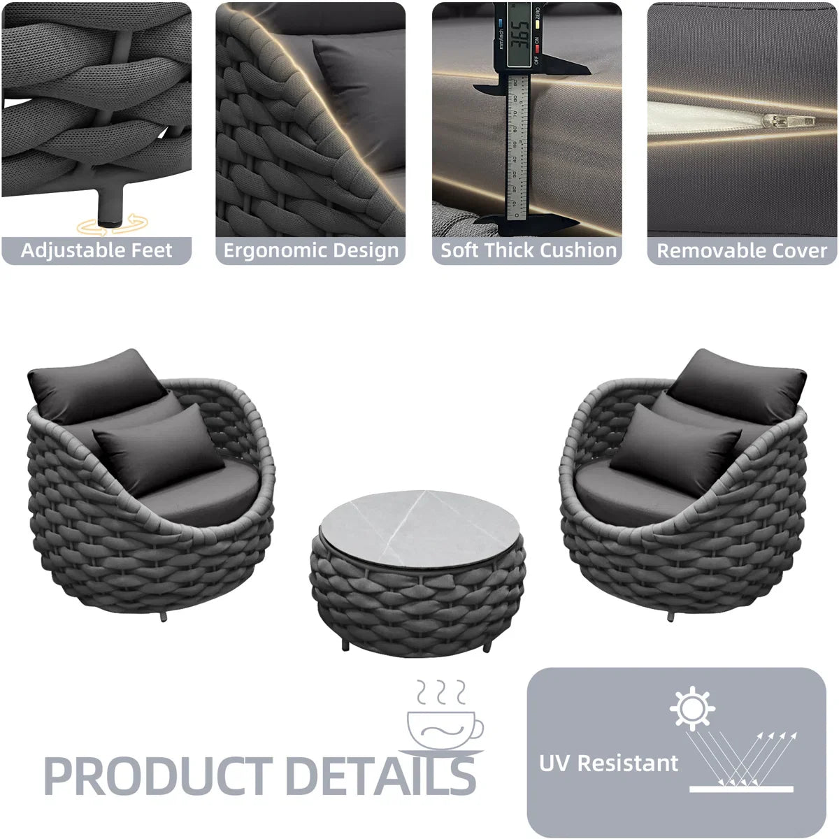 Outlee Outdoor Patio Seating Set 2 Chairs and 1 Table Set (Dark Grey) Braided & Rope