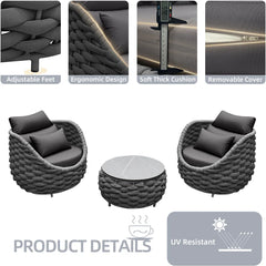 Outlee Outdoor Patio Seating Set 2 Chairs and 1 Table Set (Dark Grey) Braided & Rope