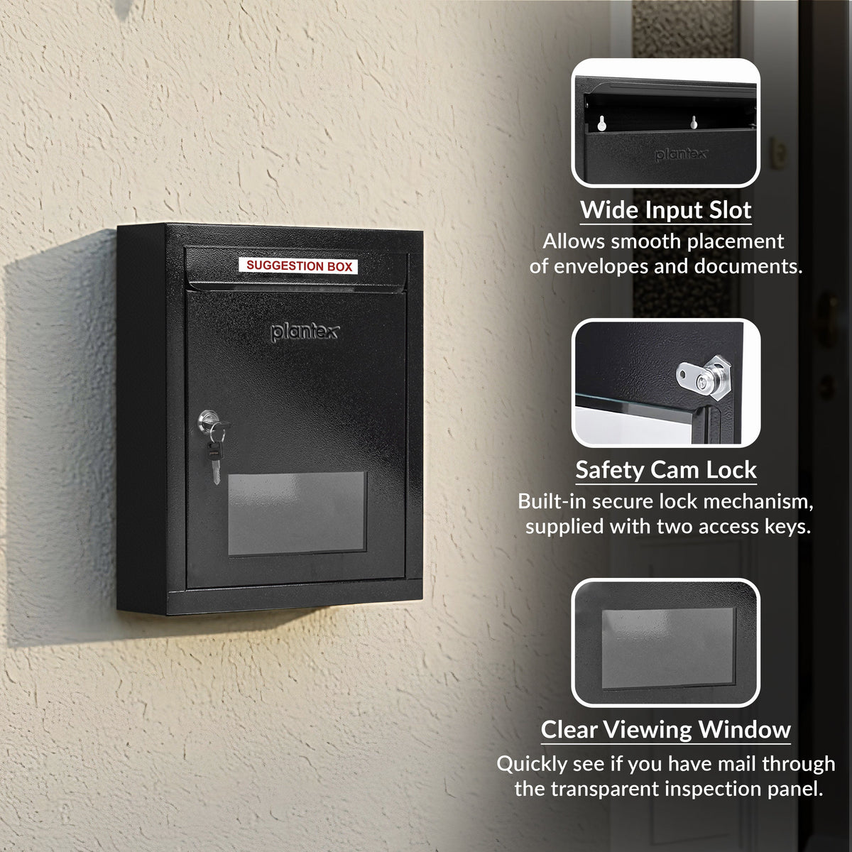 Plantex All in 1 Letter Box/Multipurpose Box- Suggestion Box/Complaint Box/Post Box/Donation Box/Letter Box for Home gate and Office with Keylocks - Table Top, Wall Mounted - GI Steel (Black)-6