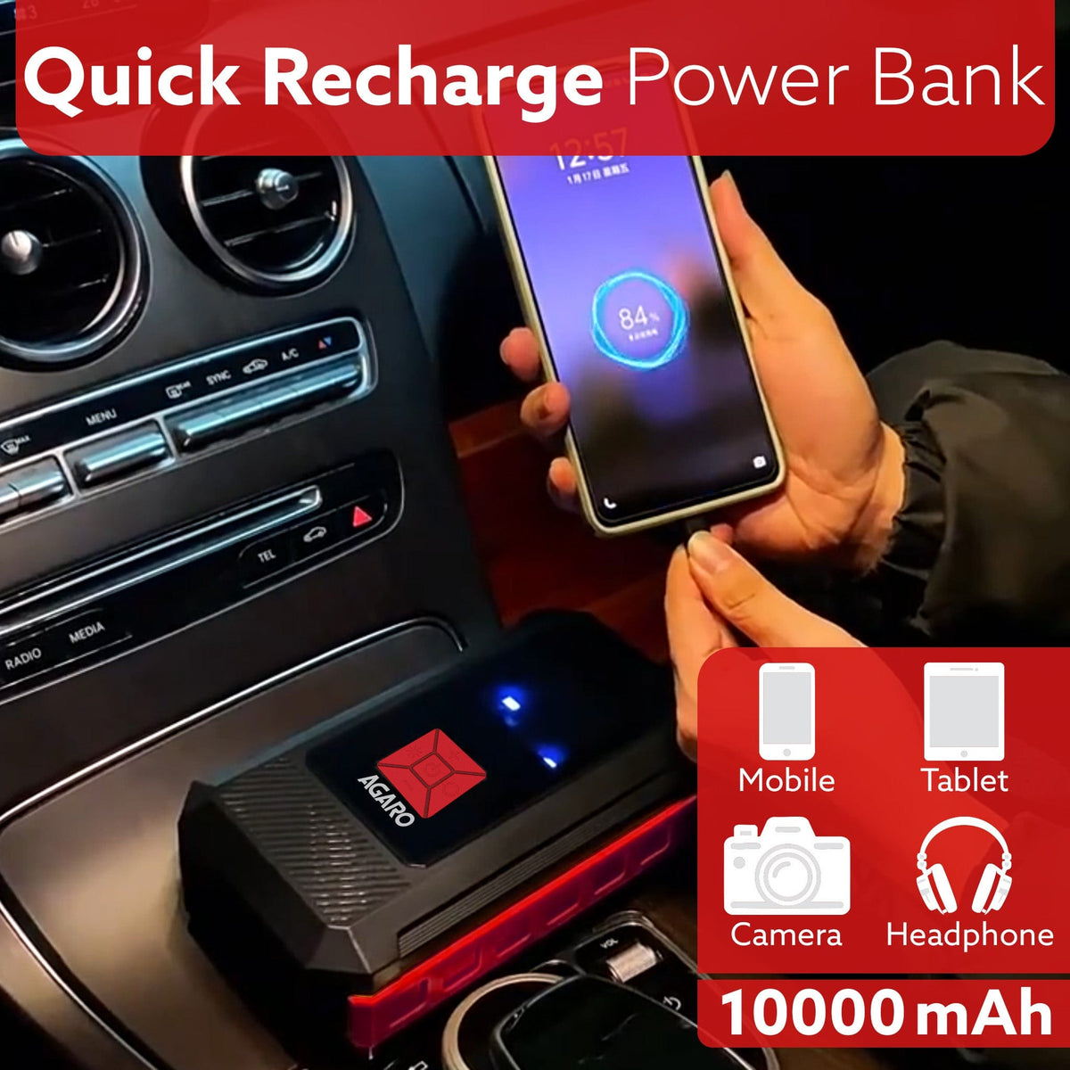 AGARO Regal Tyre inflator & Jump Starter, For Cars & Bikes, 12V, Upto 150 PSI, 10000 mAH Powerful Battery, LED Light, Di