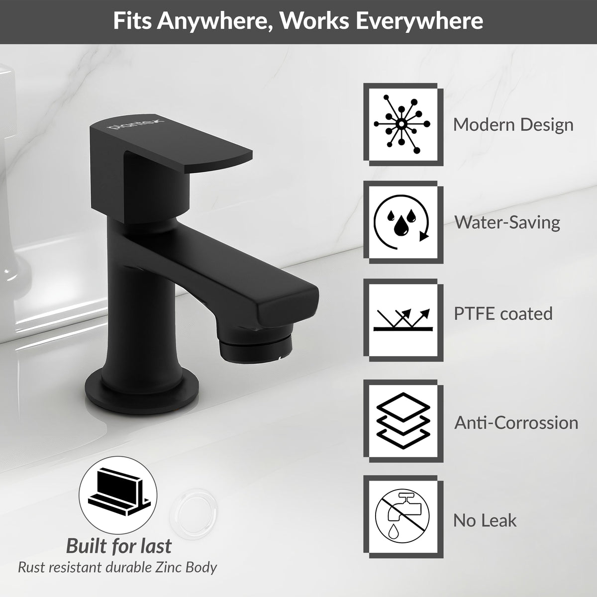 Plantex Pillar Tap for Wash Basin with Water Saving Aerator and Brass Spindle/Quarter Turn Basin Tap with Teflon Tape/Pillar Cocke for Wash Basin - Pack of 1 (Saga, Black)-5