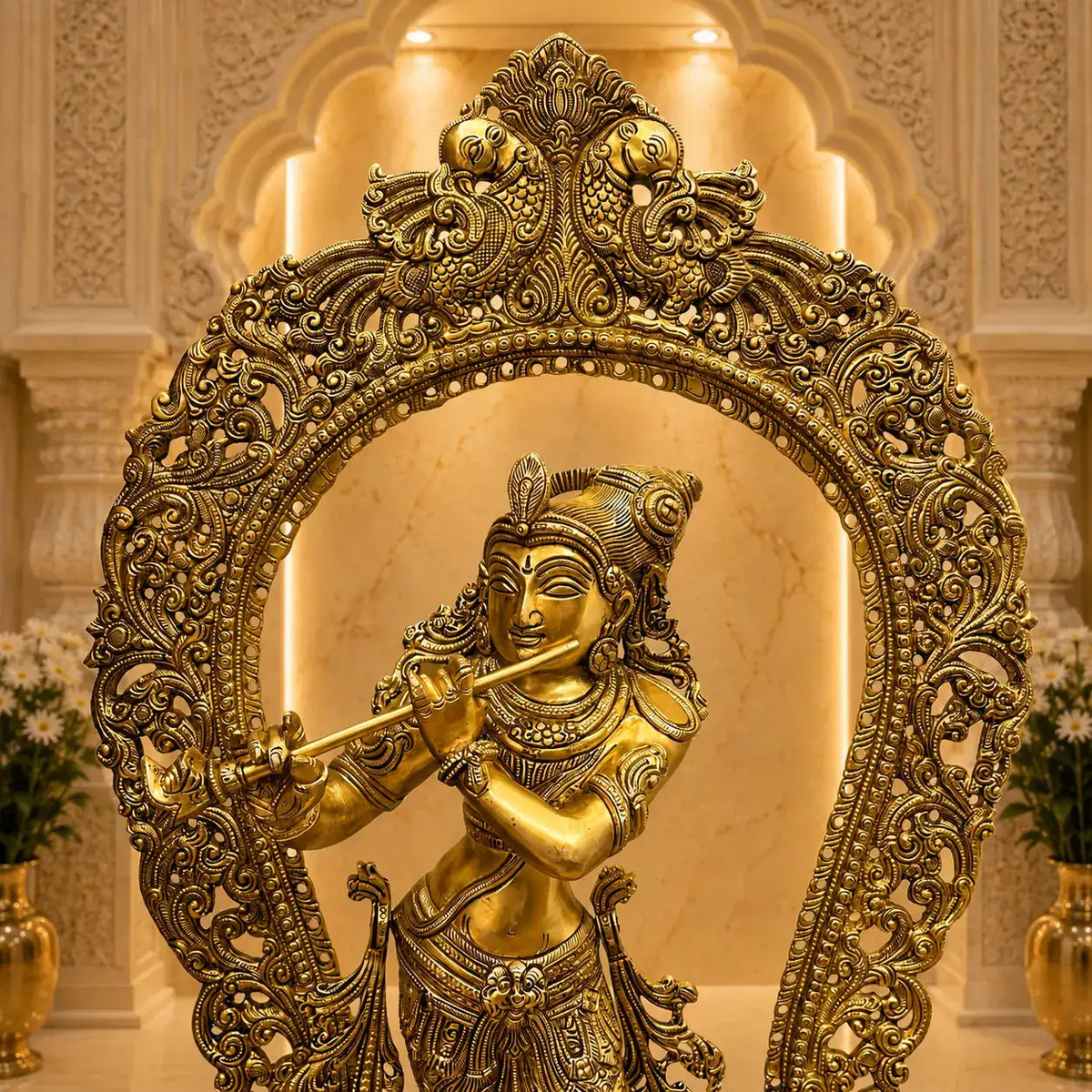 Brass Standing Krishna Idol On Throne / Singhasan (31 Inch)
