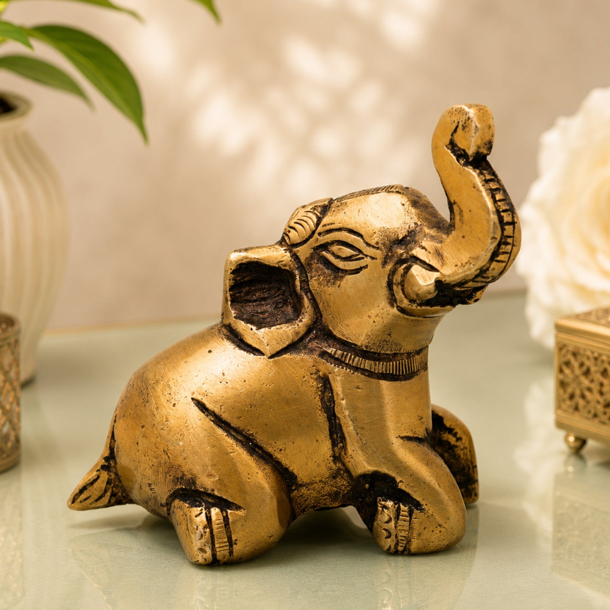 Brass Baby Elephant Idol Bala Gaja Peetal Figurine for Vastu Pooja Home Decor Traditional Handcrafted Gift, Gold, 2.5 Inch, 1 Piece