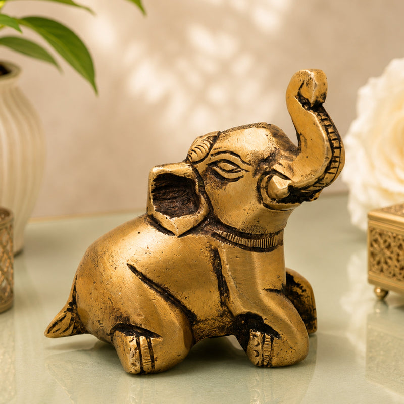 Brass Baby Elephant Idol Bala Gaja Peetal Figurine for Vastu Pooja Home Decor Traditional Handcrafted Gift, Gold, 2.5 Inch, 1 Piece