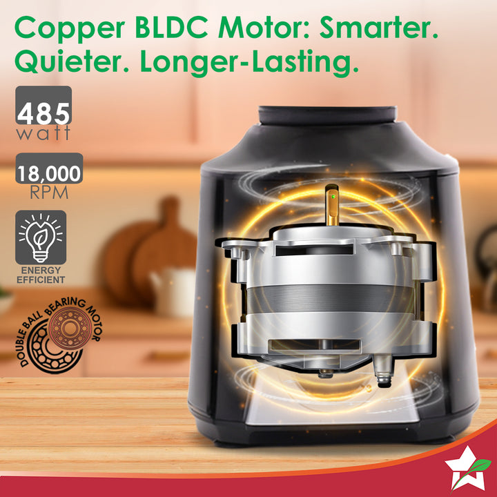 Hush BLDC Mixer Grinder | 3 Jars for Blending, Dry Grinding, Chutney Grinding | Low Friction | Low Noise | Conserves Power | Grind Masalas, Nuts, Coconut to Fruits/Vegetables | RPM 18,000