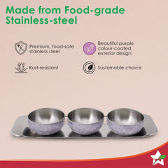 Wonderchef Modena Stainless-steel 7 Pc. Condiment Set, 3 Bowls, 3 Spoons, 1 Tray, Serve Dry Snacks, Chutneys, Dry Fruits