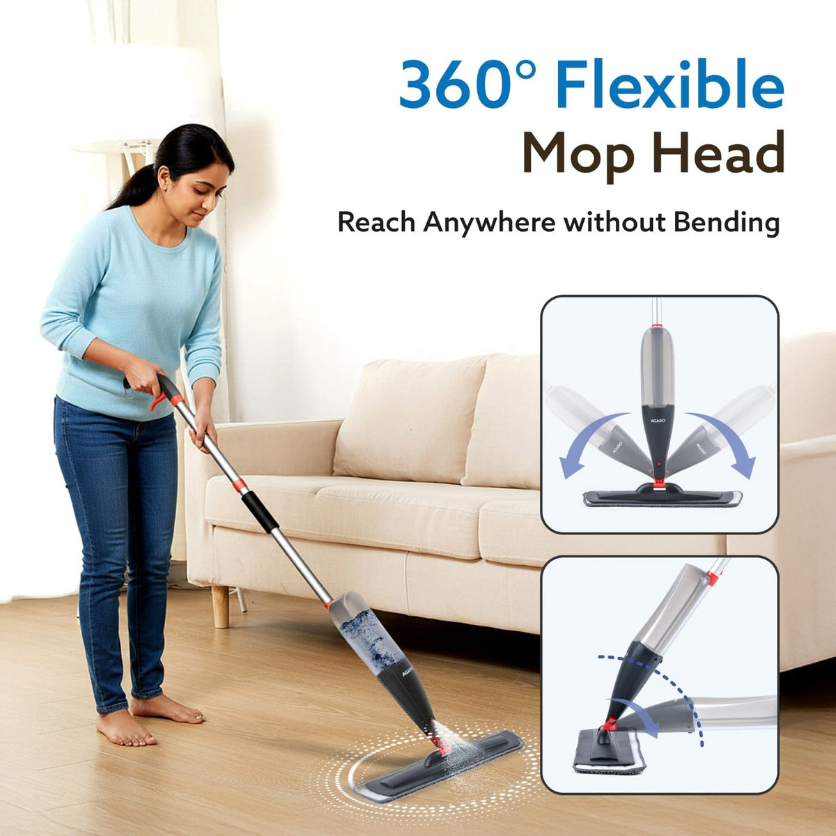 AGARO Delite Spray Mop for Dry and Wet Floor Cleaning with Washable Microfiber Pad - with 800ml Refillable Bottle for Wo