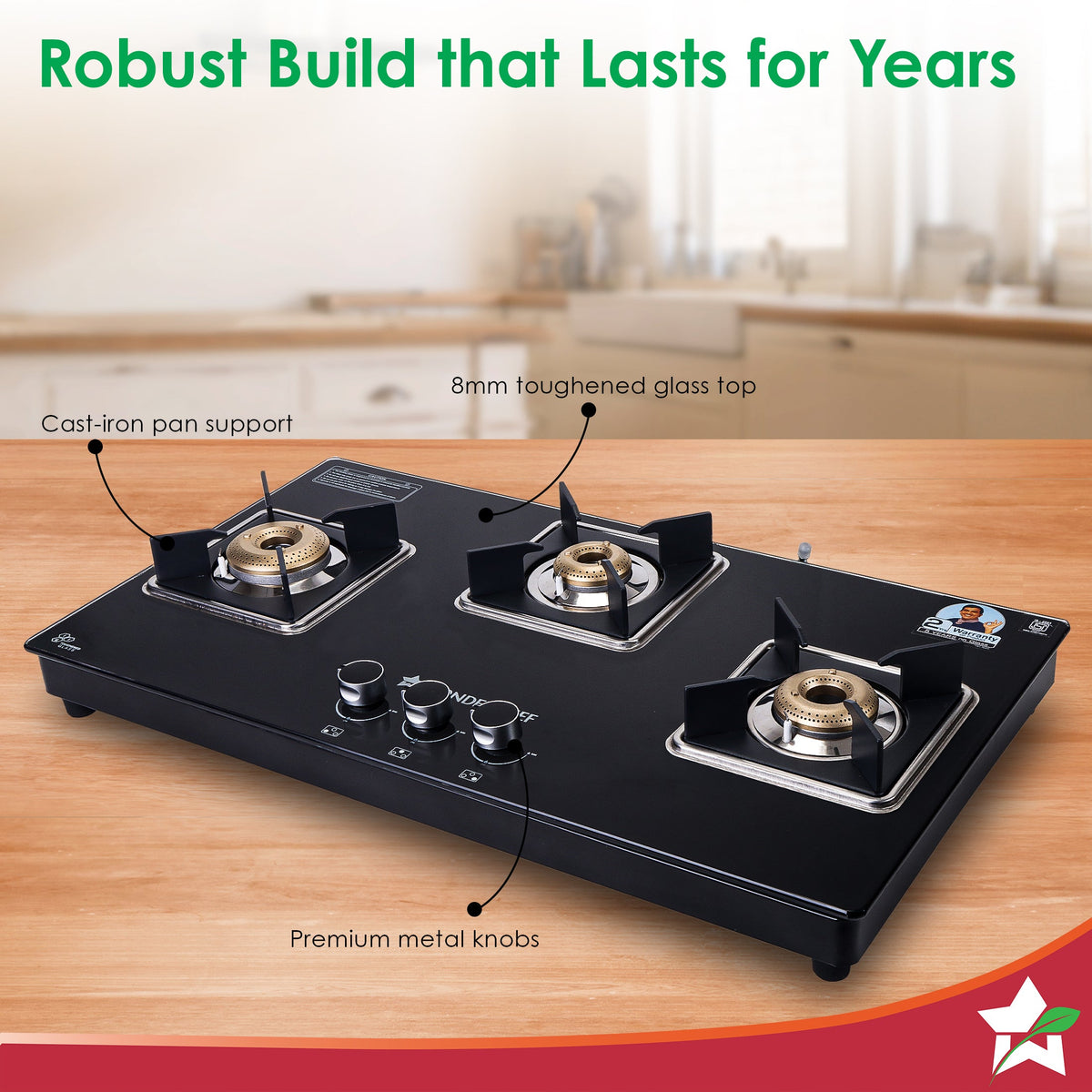 Wonderchef Octavia 3 Burner Glass Hob Top Auto Cooktop | 8mm Toughened Glass | Auto Ignition | Forged Brass Burners | St