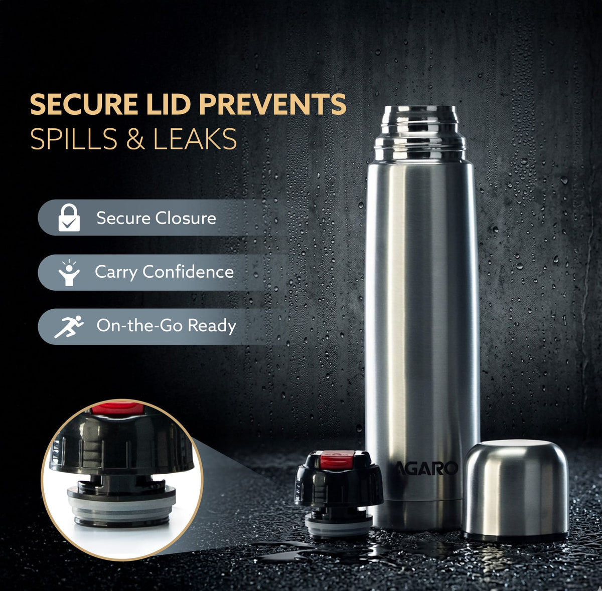 AGARO Delite Stainless Steel Flask with Bag, 1000ml, Up to 24 Hrs Hot & Cold, ISI Certified, Triple Vacuum Insulated, Le