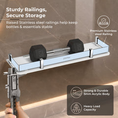 Plantex Wall Shelf for Bathroom Storage/Acrylic Washroom Shelf Organizer with Stainless Steel Railings/Bathroom Accessories (White, 15x6 inches)-6