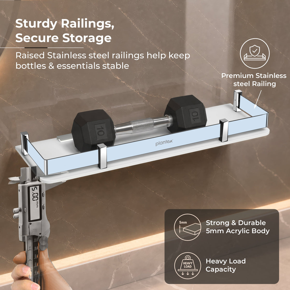 Plantex Wall Shelf for Bathroom Storage/Acrylic Washroom Shelf Organizer with Stainless Steel Railings/Bathroom Accessories (White, 15x6 inches)-6