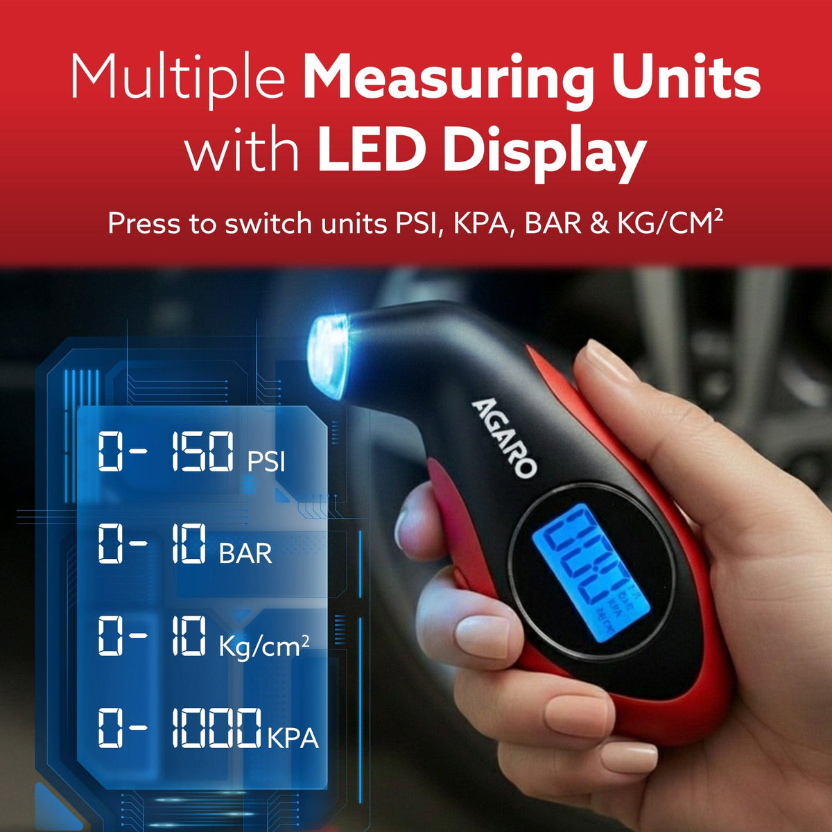 AGARO Digital Tyre Pressure Gauge, 0–150 PSI, 4 Units, Backlit LCD, Non-Slip Grip & LED Nozzle, Portable Tyre Pressure C