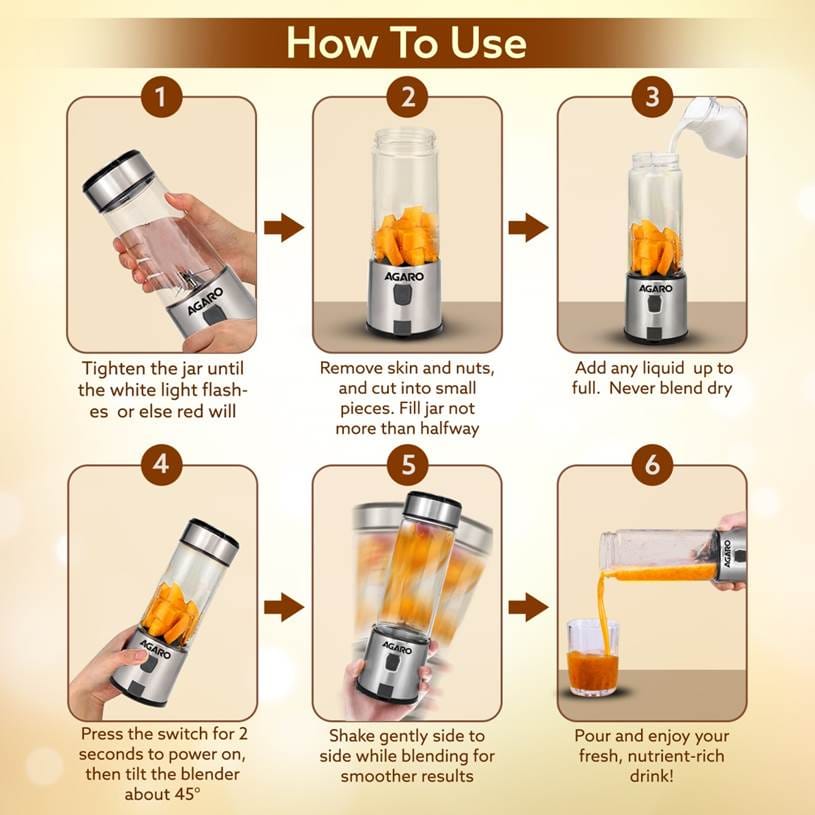 AGARO Galaxy Portable Blender, For Smoothie And Juices, Portable Hand Blender For Kitchen, USB Rechargeable Fruit Juicer