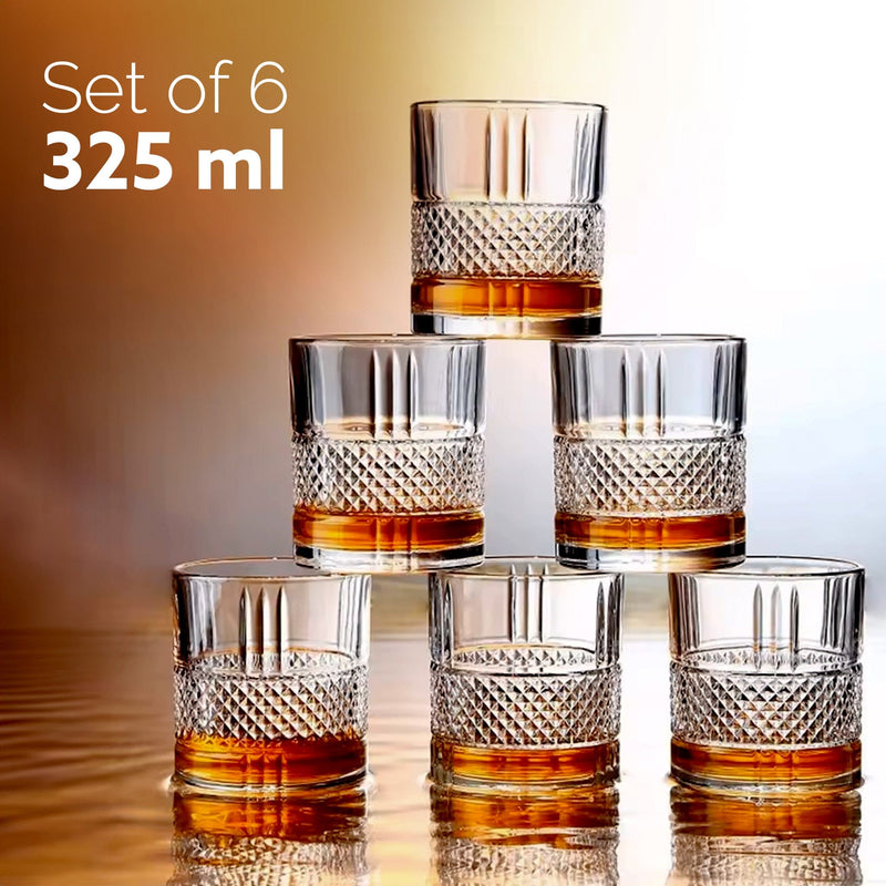 AGARO Elegant Whiskey Glass, Set of 6, 325ML, Crisscross Design, Crystal Clear, Perfect for Scotch, Whisky, Bourbon, Liq