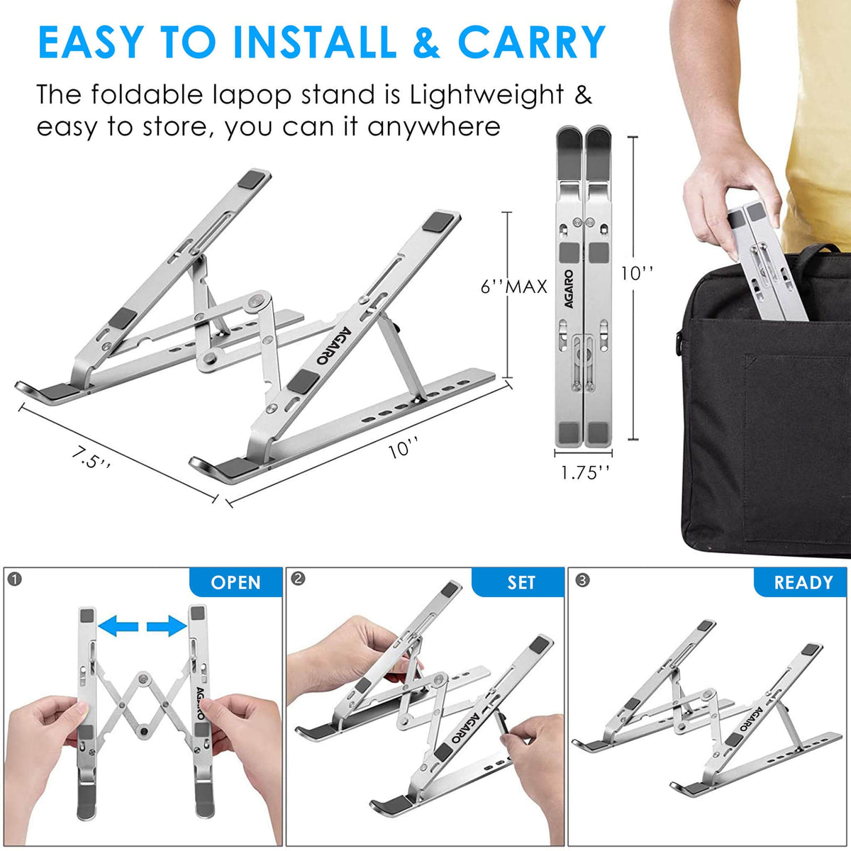 AGARO LS1821 Foldable Laptop Stand, 7 Adjustable Levels, Non Slip Silicone Pads, Aluminium Built, Laptop, Tablet, Books (Silver)-5