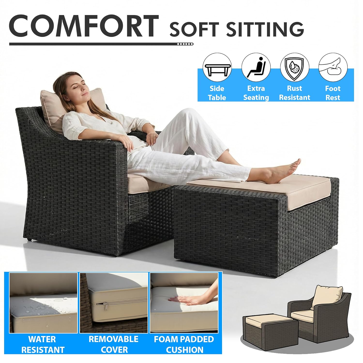 Allesi Outdoor Patio Sofa Set 2 Single Seater , 2 ottoman and 1 Center Table Set (KHAKHI)