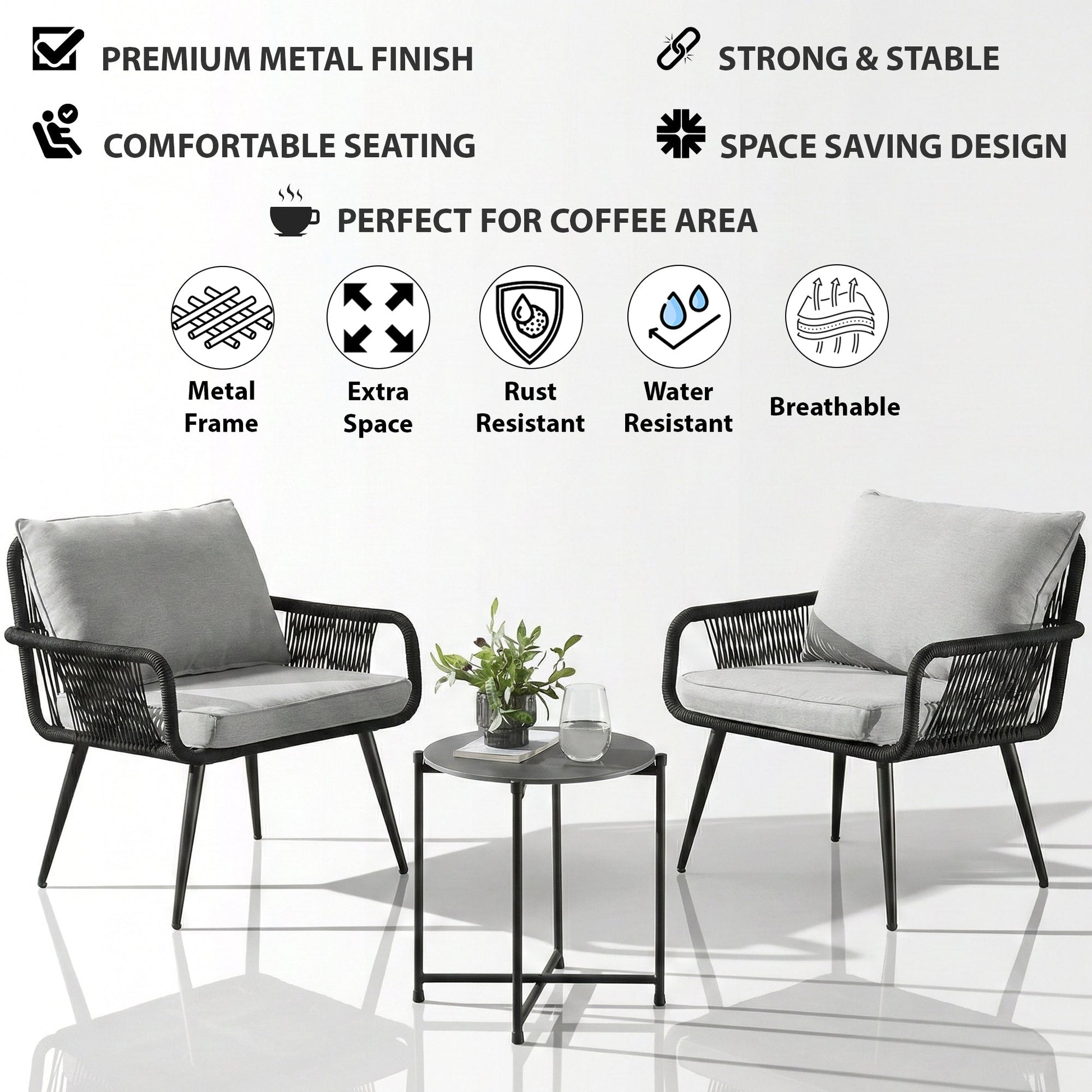 Pulp Outdoor Patio Seating Set 2 Chairs and 1 Table Set (Black) Braided & Rope