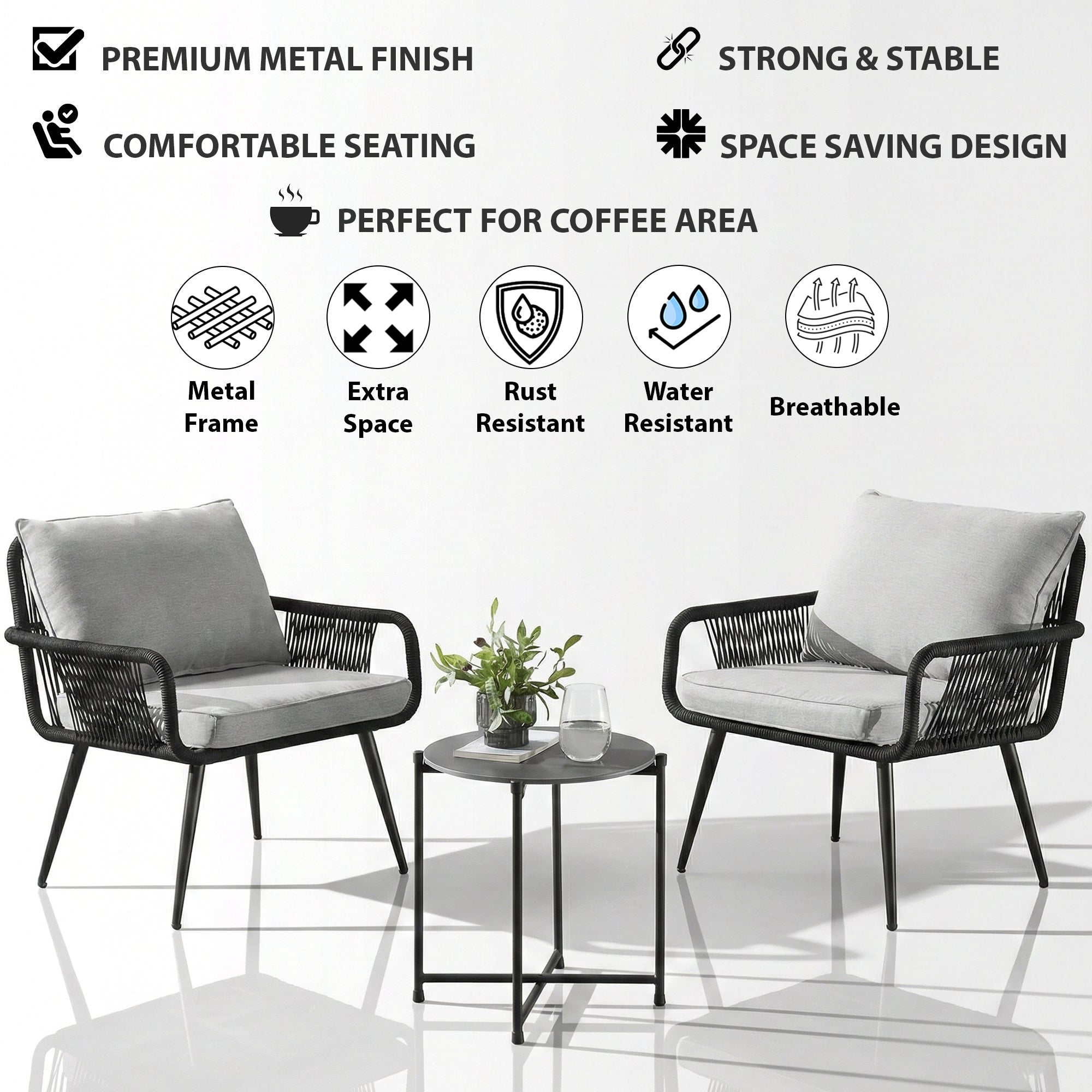 Pulp Outdoor Patio Seating Set 2 Chairs and 1 Table Set (Black) Braided & Rope
