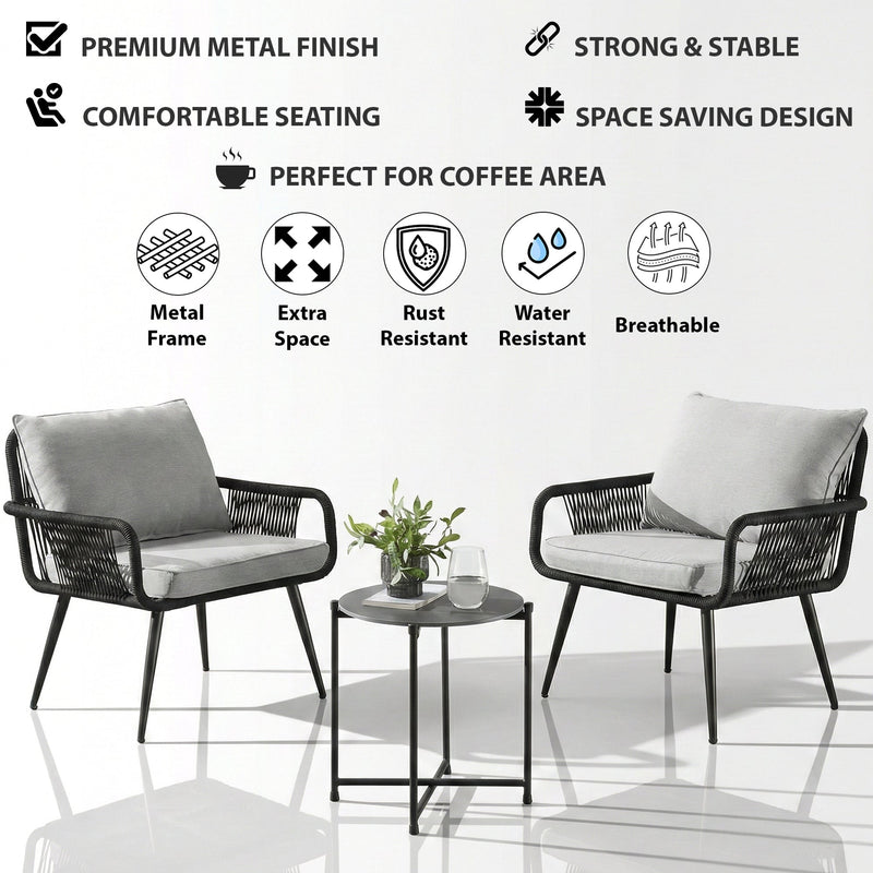 Pulp Outdoor Patio Seating Set 2 Chairs and 1 Table Set (Black) Braided & Rope