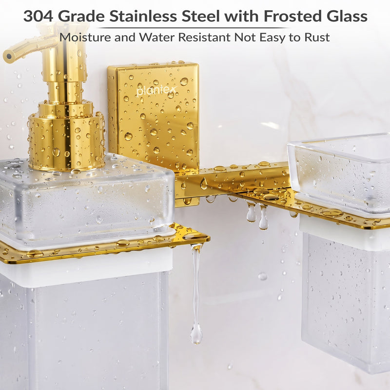 Plantex 304 Grade Stainless Steel Glass Liquid Dispenser with Tumbler Holder/Toothbrush Holder/Shampoo Dispenser for Washbasin/Kitchen/Bathroom Accessories - Pack of 1 (Crystal, PVD Gold)-5