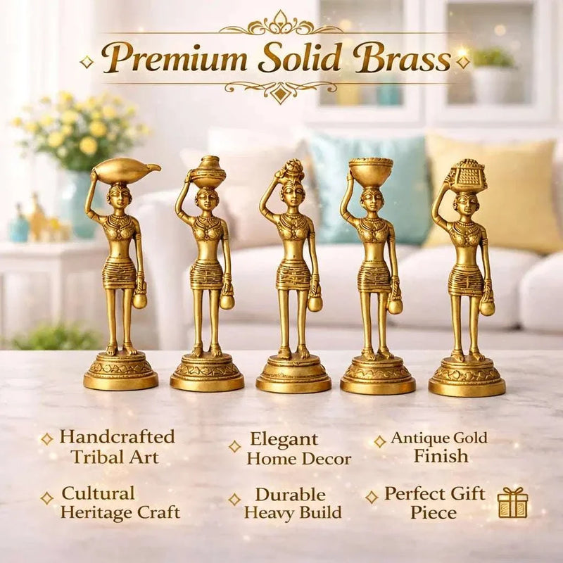 Brass Tribal Lady Statue Decor Set Of Five (7.5 Inch)
