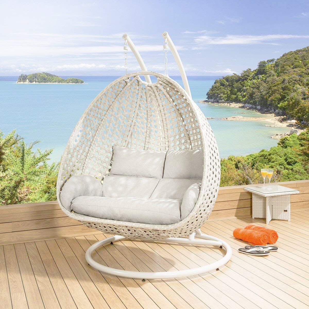 Fulvia Double Seater Hanging Swing With Stand For Balcony , Garden Swing (White)