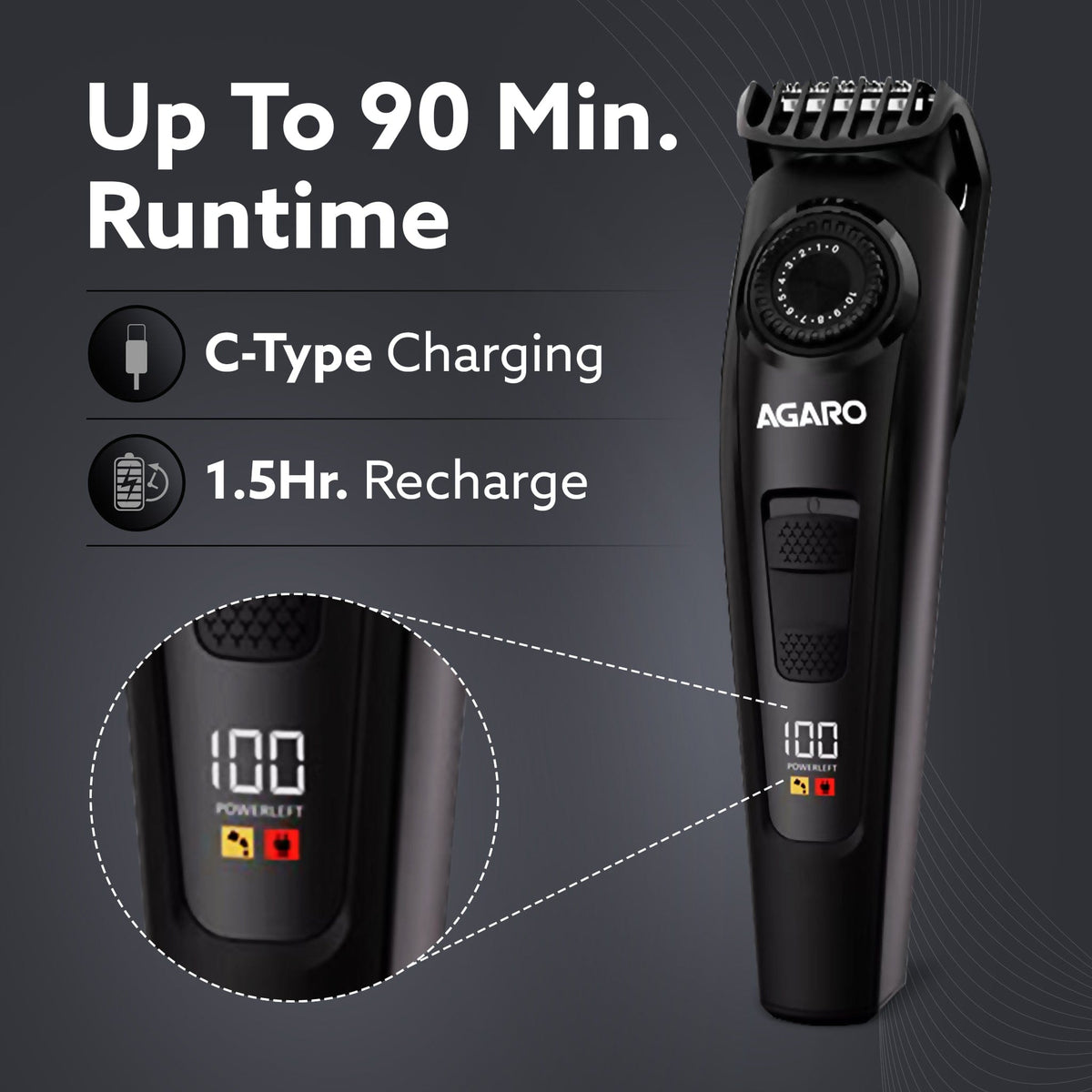 AGARO Beard Trimmer MT1122, 10 Length Settings with digital display USB rechargeable multifunctional for home and travel