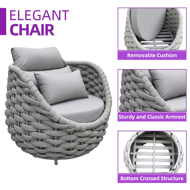 Fiae Outdoor Patio Seating Set 2 Chairs and 1 Table Set (Light Grey) Braided & Rope